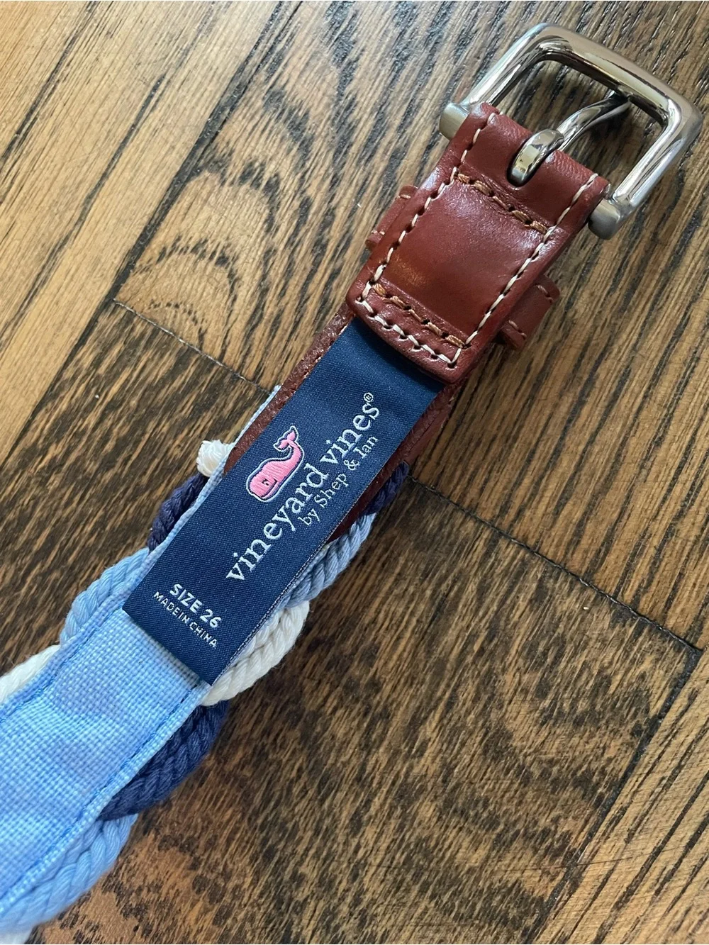 Vineyard Vines - Braided Navy and Light Blue Kid’s  Belt with Brown Leather Trim